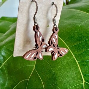 Natural Wood Butterfly Earrings with Silver Foil Inlay | 1" Drop